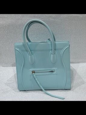 Celine Light Baby Blue Structured Phantom Leather Tote with Braided Zip Pull